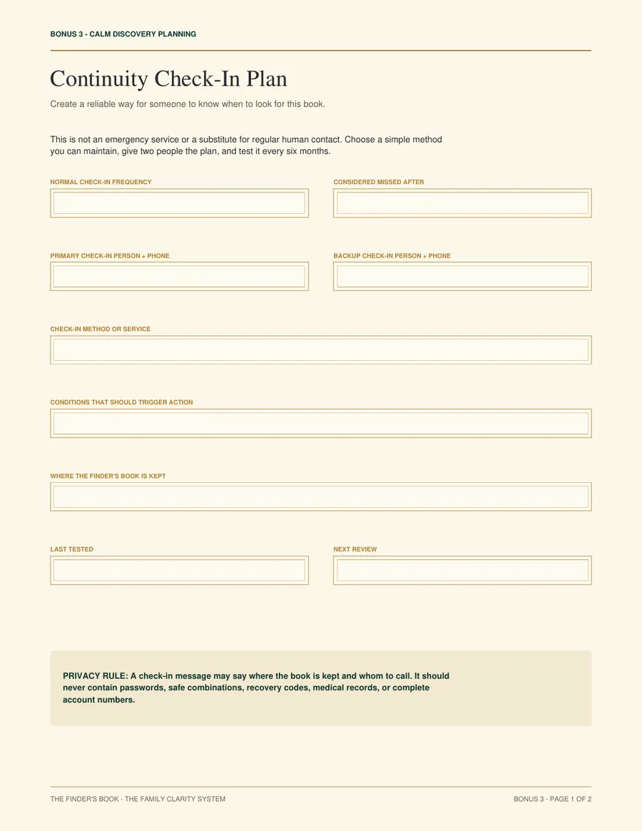 Continuity Check-In Plan bonus for setting a regular check-in cadence with two people.