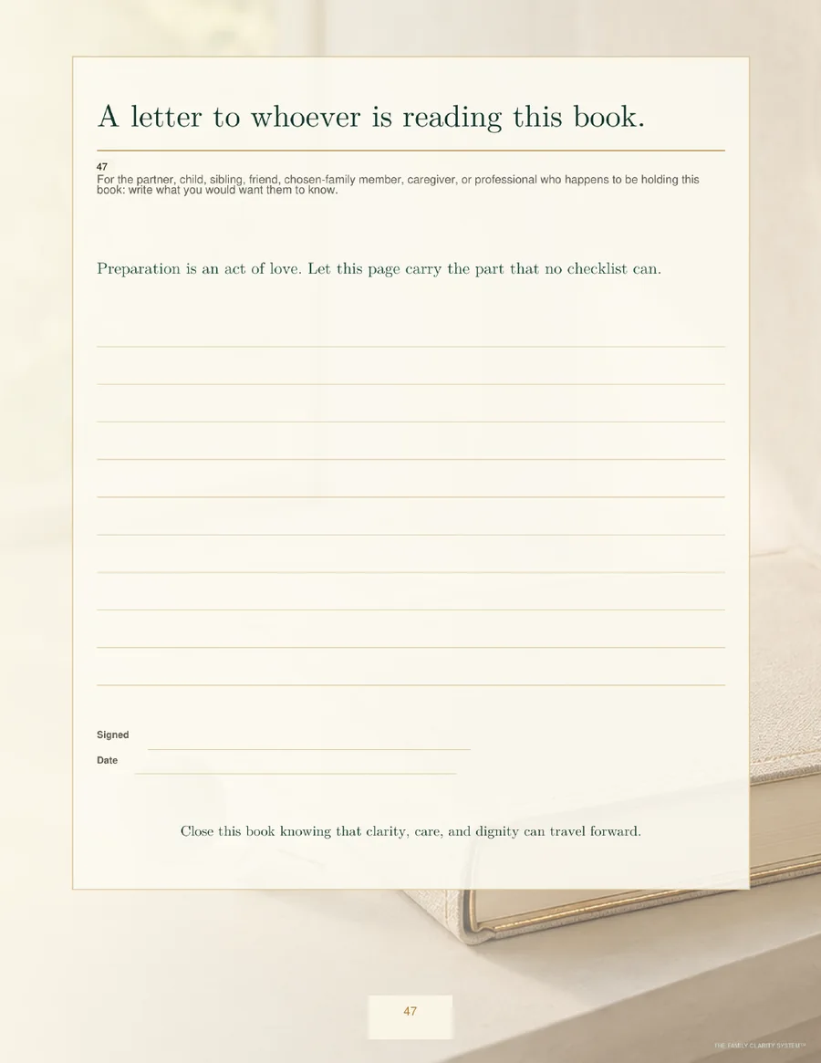Personal letter page addressed to a partner, child, sibling or caregiver.